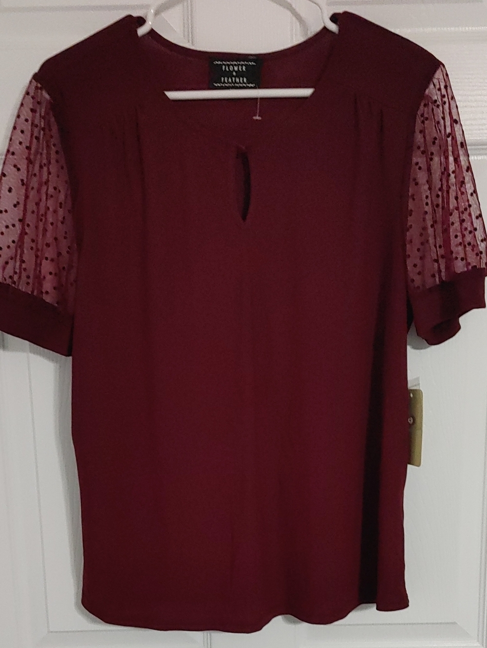 Flower & Feather Women's Blouse Burgundy Sheer Dotted Sleeves Keyhole Neckline